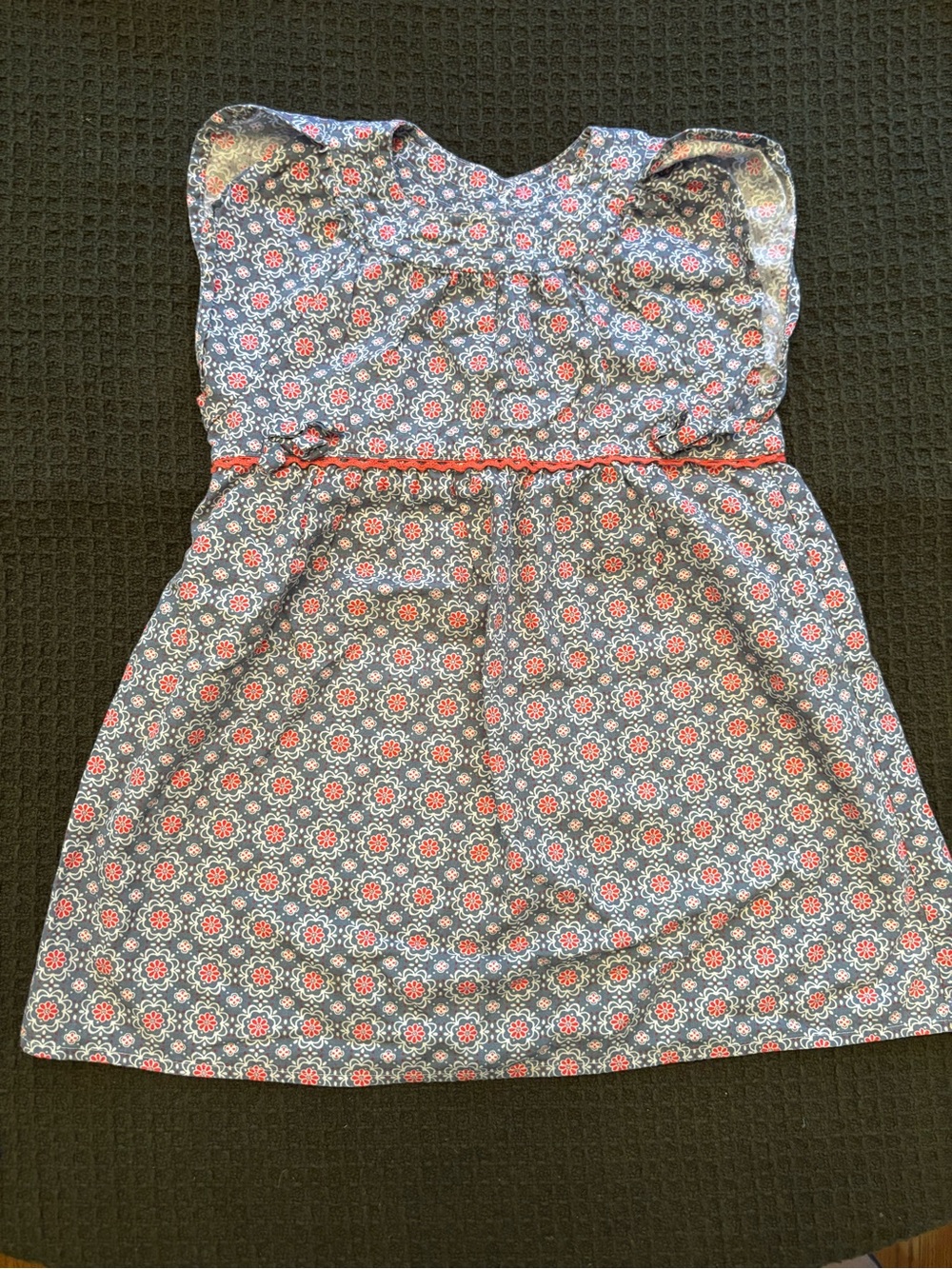 Angel Dear Navy Blue and Coral Floral Medallion Decorative Tie-Waist Dress 3T